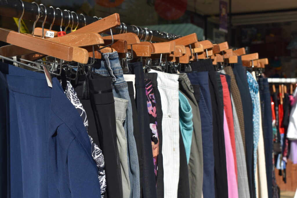 Second hand trouser rail outside Willow Hatfield charity shop