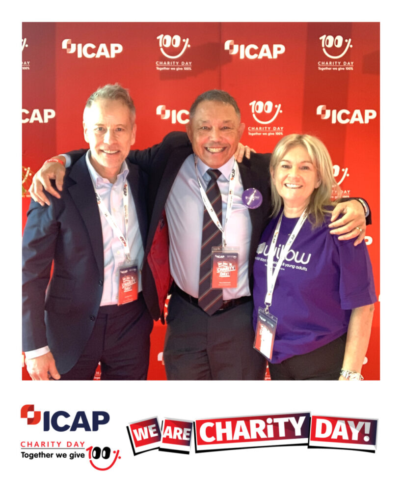 Willow CEO Jonathan, England's top tri scorer Rory Underwood, and Willow's Senior Manager of Major Partnerships Caz, at ICAP Charity Day 2025
