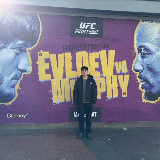 A teenage boy stands in front of a billboard promoting UFC